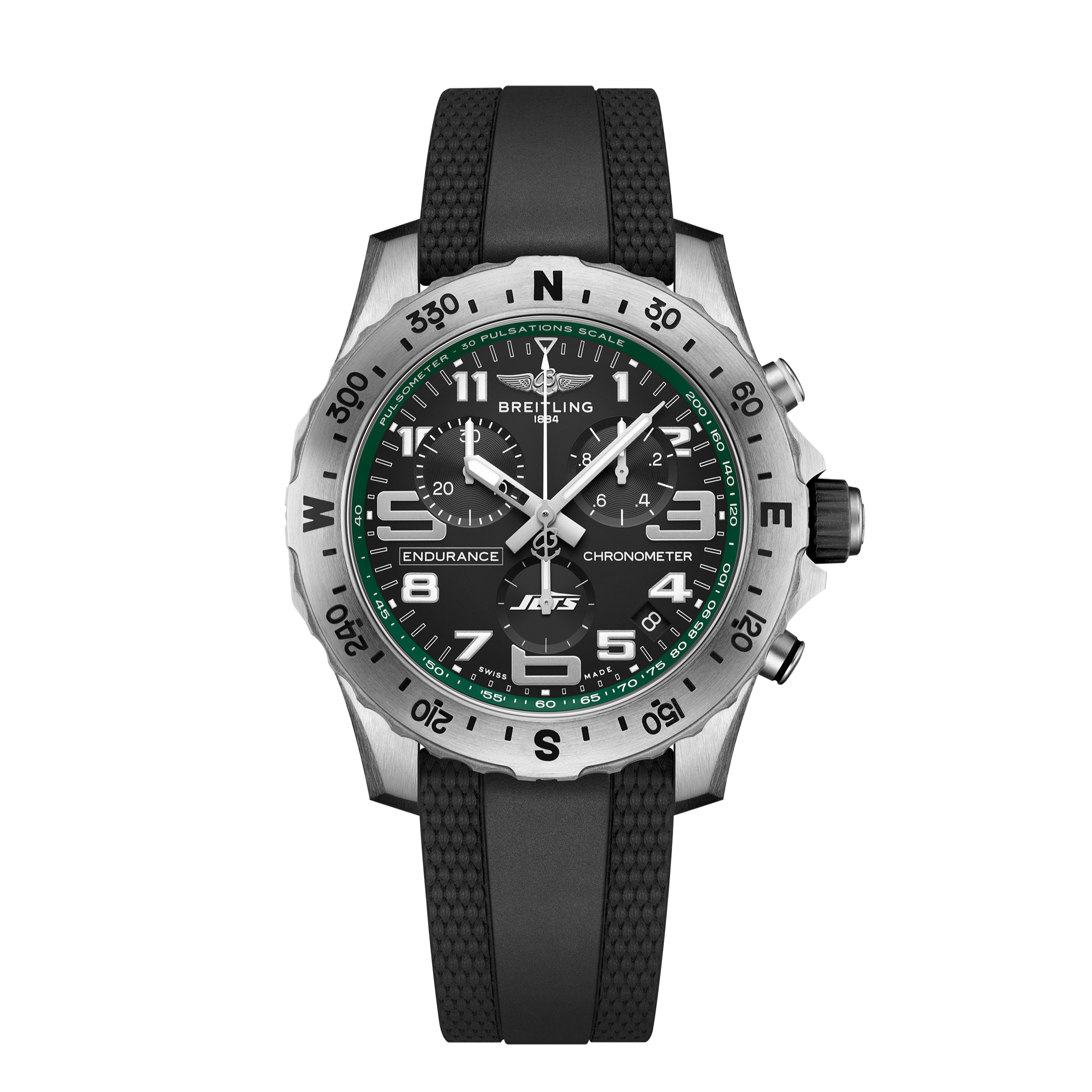 The Breitling Endurance Pro 44 New York Jets Edition features a black rubber strap, black dial, silver bezel, white numerals, green accents, chronograph subdials, and a date window at 4:30.