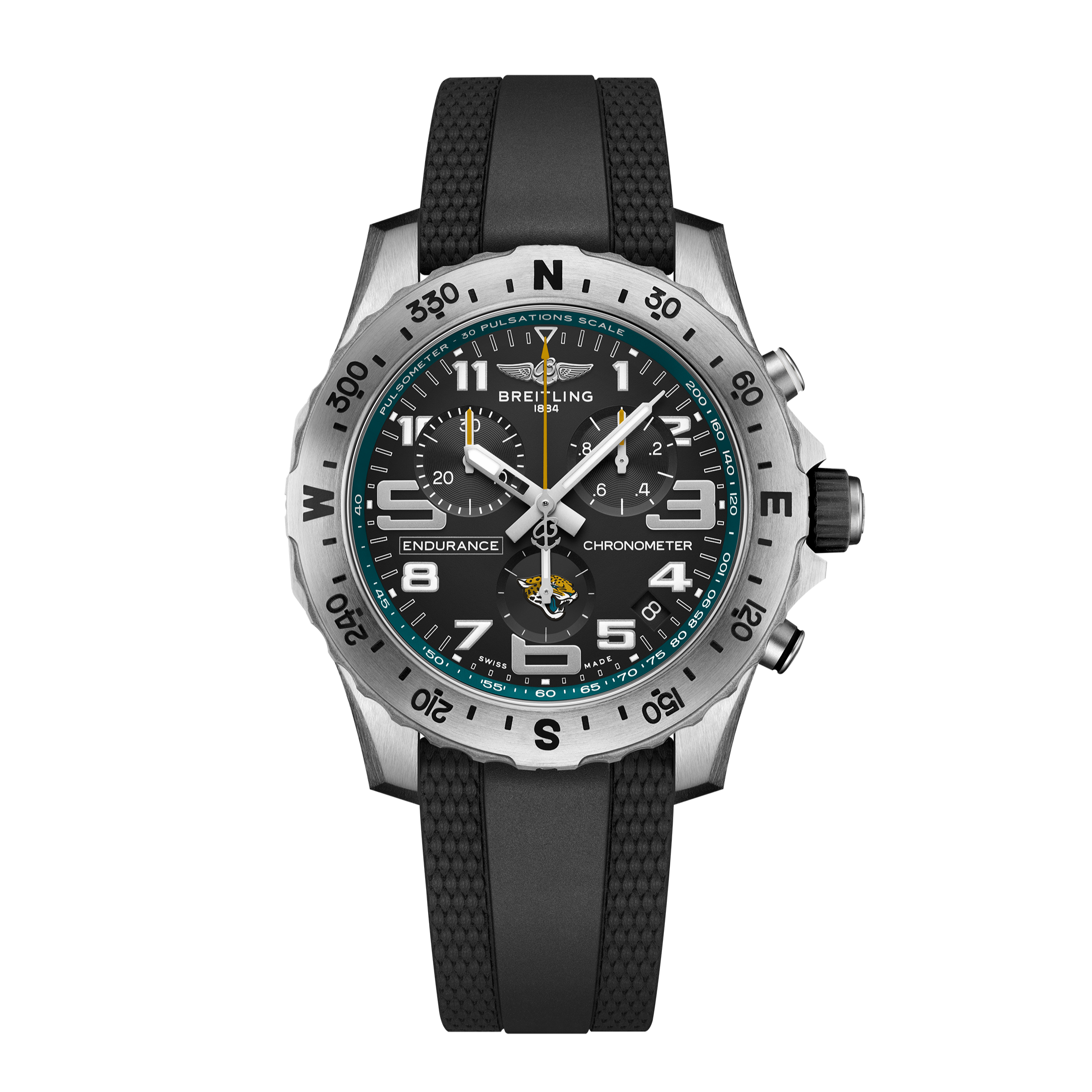 The Breitling Endurance Pro 44 Jacksonville Jaguars Edition, featuring a black dial, white numerals, subdials, a silver bezel, and textured black rubber strap—perfect for Jaguars fans—is shown on a white background.
