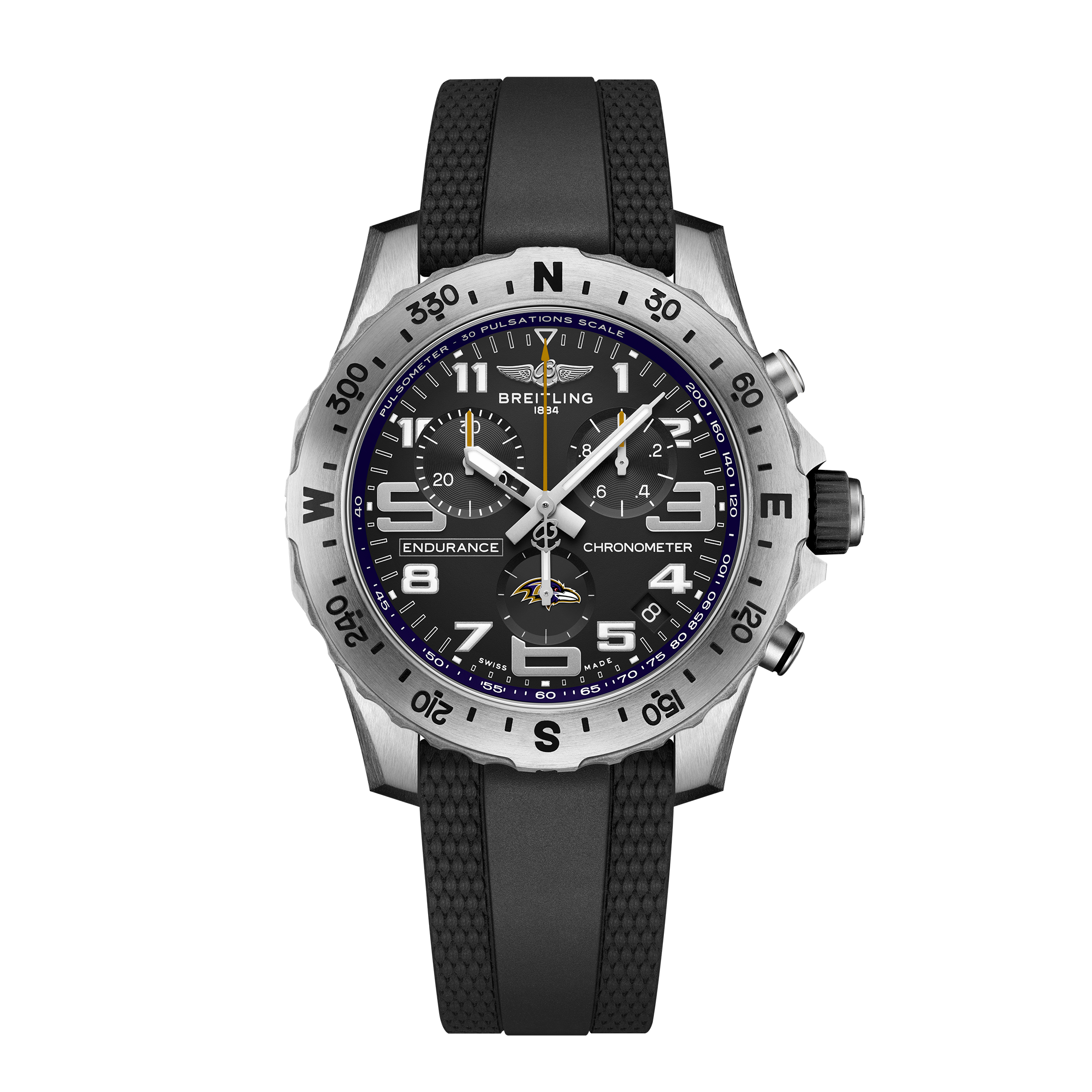 The Breitling Endurance Pro 44 Baltimore Ravens Edition features a black chronograph face with white and yellow accents, a silver compass bezel, and a black textured strap—ideal for Ravens fans who value style and performance.