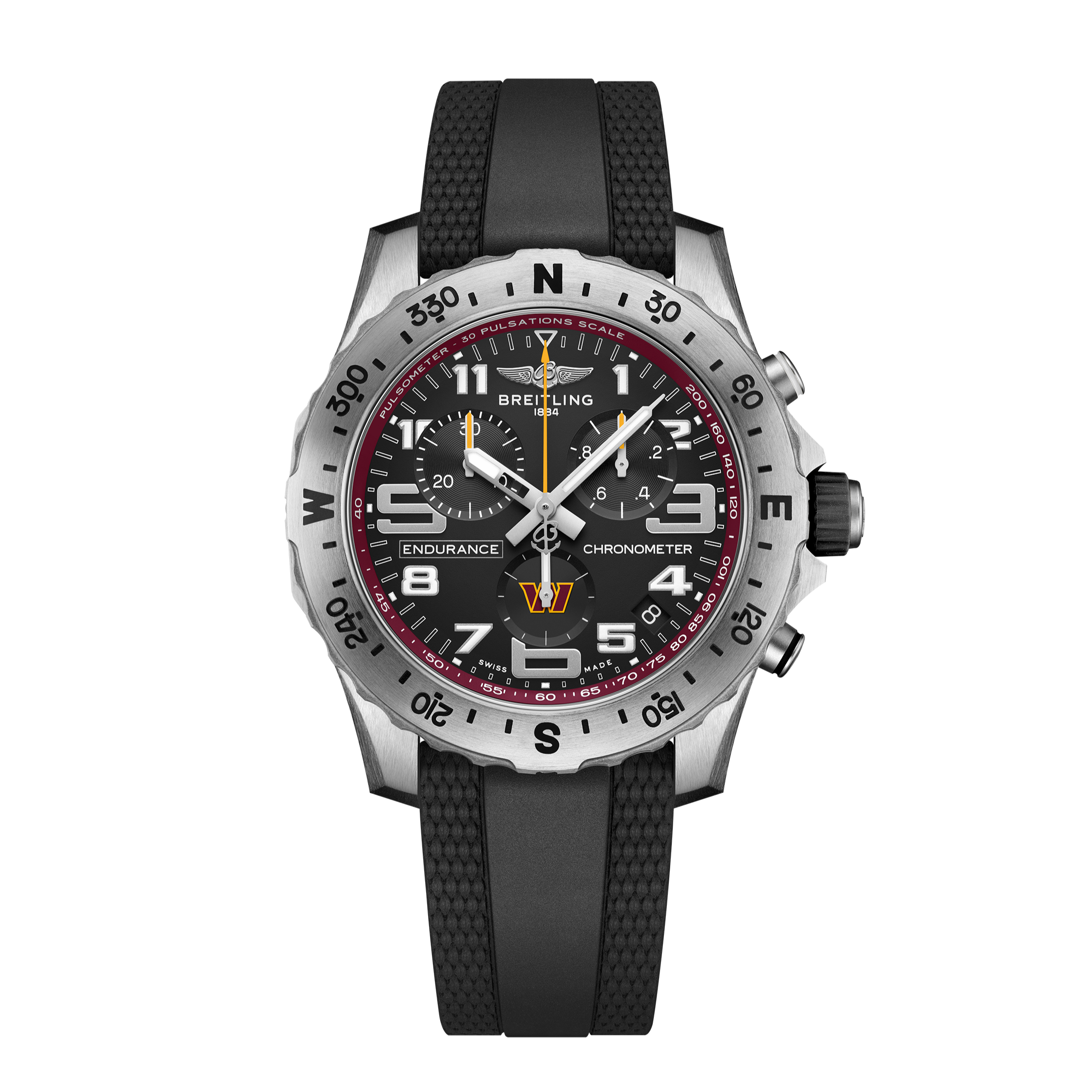 The Breitling Endurance Pro 44 Washington Commanders Edition is a sporty chronograph featuring a black dial with white numerals, red accents, three subdials, a rotating bezel, and a textured black rubber strap.
