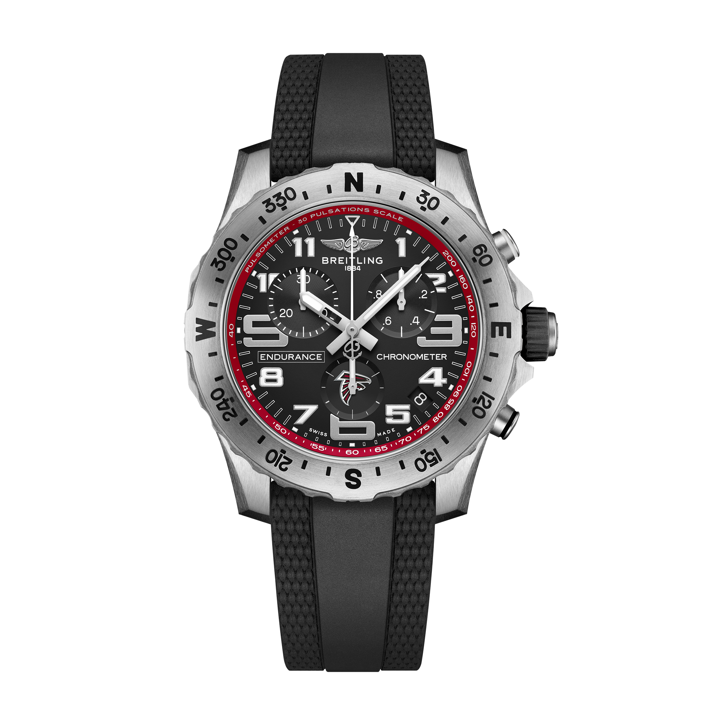 The Breitling Endurance Pro 44 Atlanta Falcons Edition features a black and silver chronograph design with bold white numerals, red accents, a black rubber strap, and a compass-marked rotating bezel.