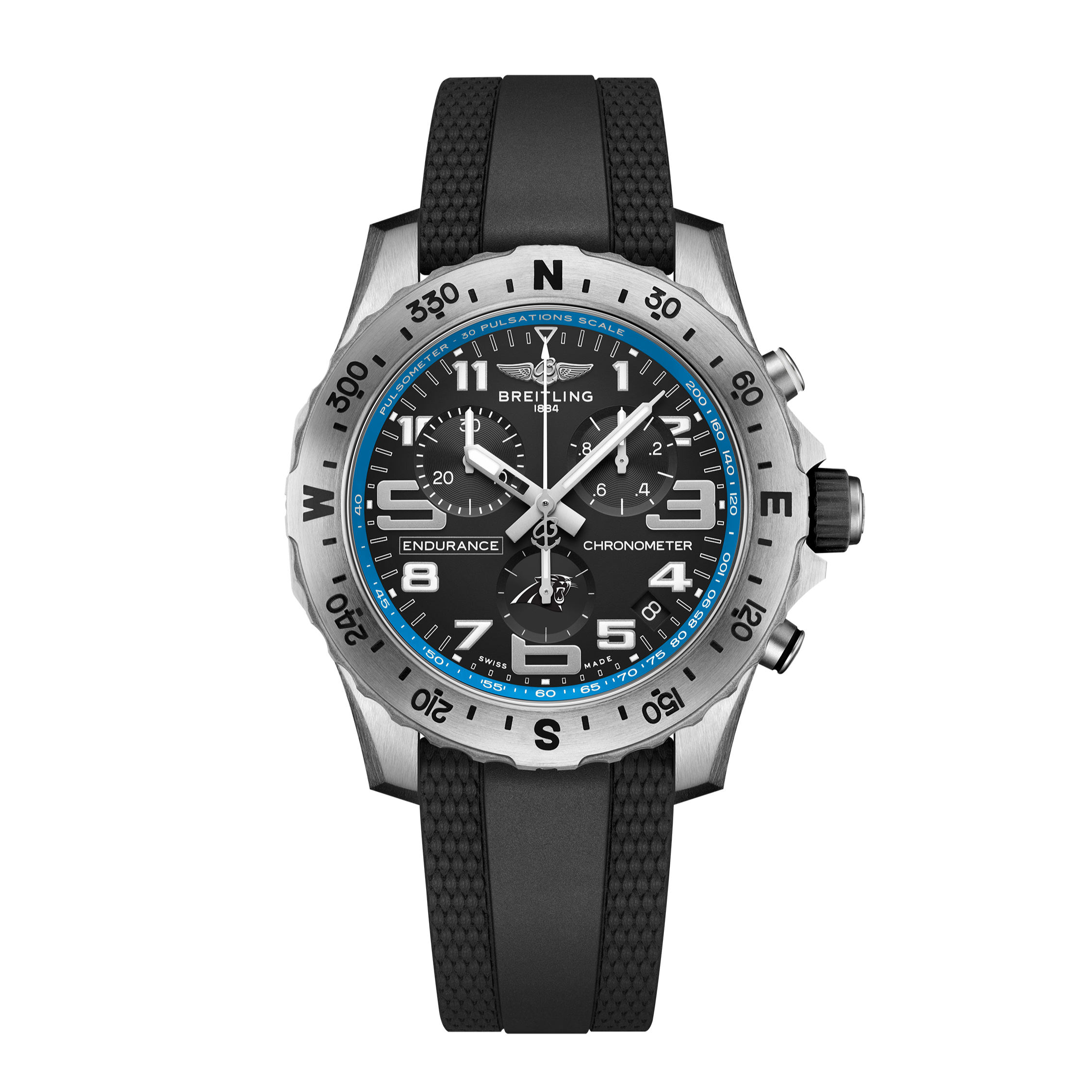 The Breitling Endurance Pro 44 Carolina Panthers Edition features a black dial, silver bezel, blue accents, white numerals, multiple subdials, and a black rubber strap, shown on a plain white background.
