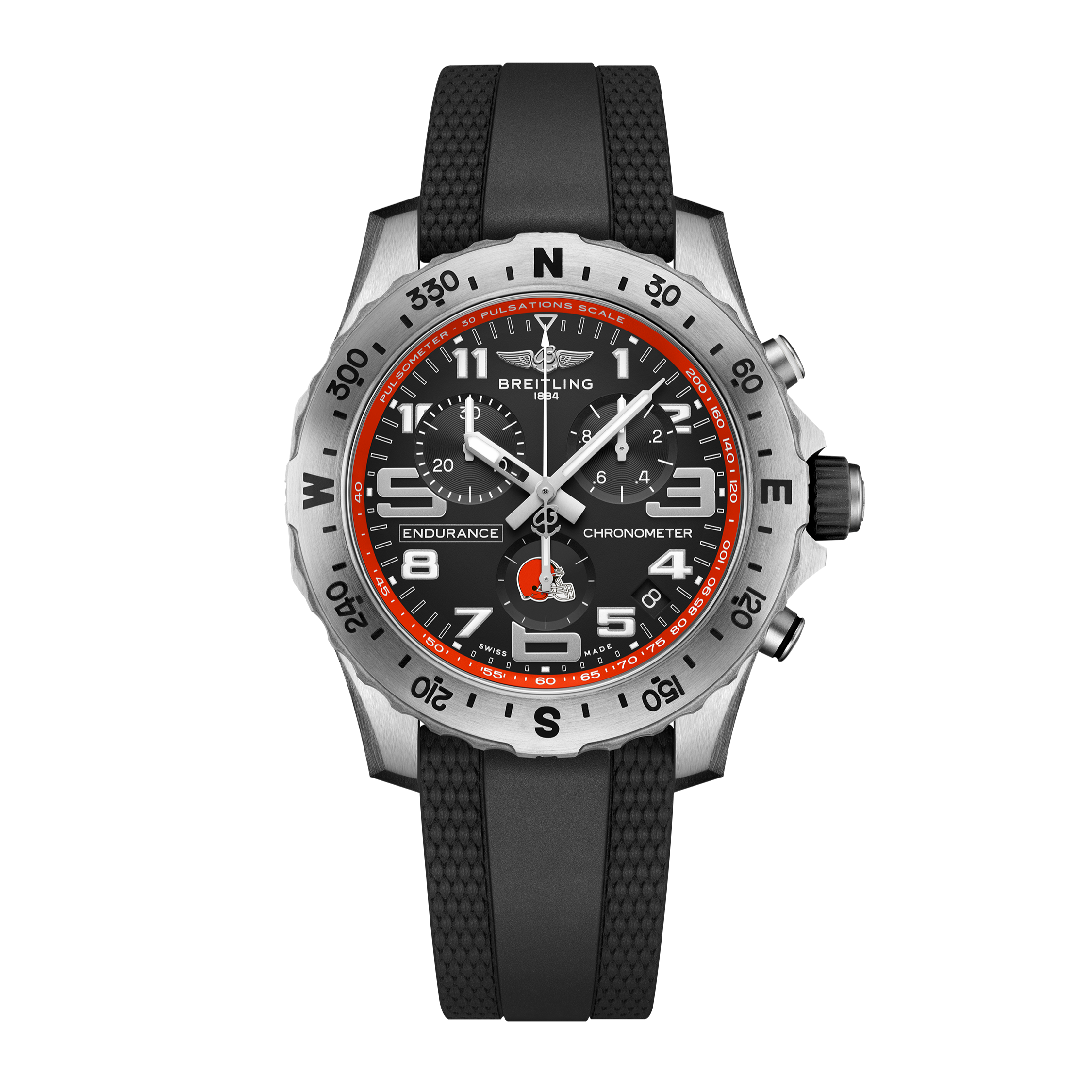 The Breitling Endurance Pro 44 Cleveland Browns Edition features a black rubber strap, black dial with white numerals and red accents, and a compass bezel—perfect for fans seeking both style and performance.