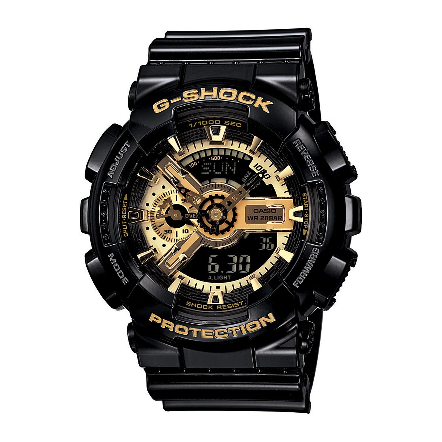 Black G-Shock watch with gold-tone dial, analog and digital display, and black resin band.