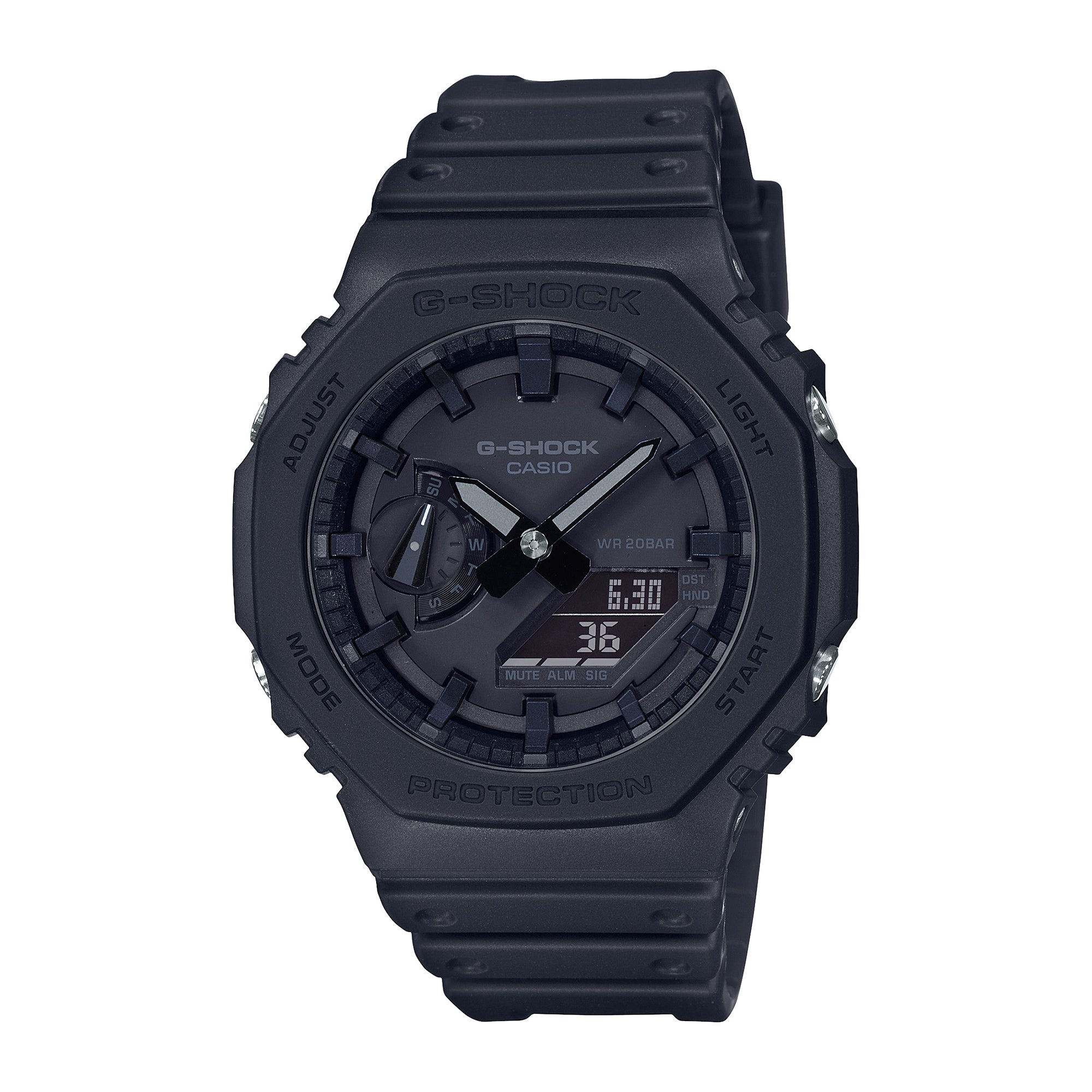Black G-Shock digital analog watch with square resin case, black band, and dual display showing time and date.