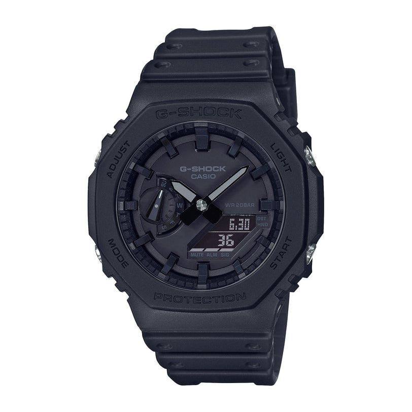 Black G-Shock digital analog watch with square resin case, black band, and dual display showing time and date.