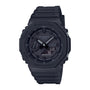 Black G-Shock digital analog watch with square resin case, black band, and dual display showing time and date.