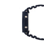 Black resin digital watch with square face, two metal buttons, and textured band shown from side view.