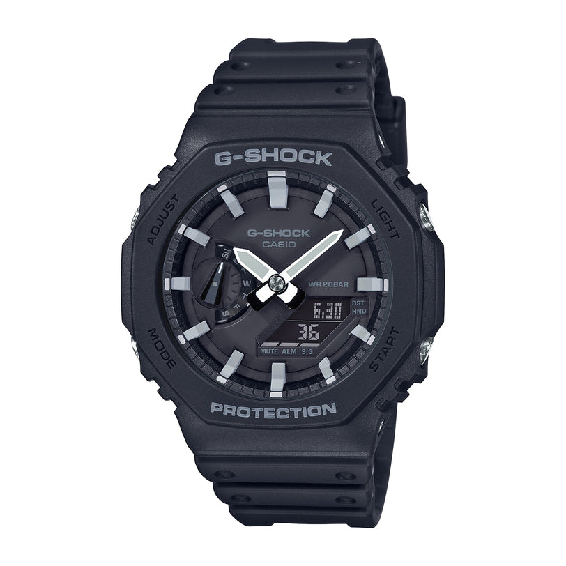 Black G-Shock analog-digital watch with white hour markers, white hands, digital display, and black resin band.