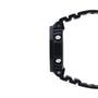 Black resin digital watch with square case, metal accent buttons, and textured band shown from side view.