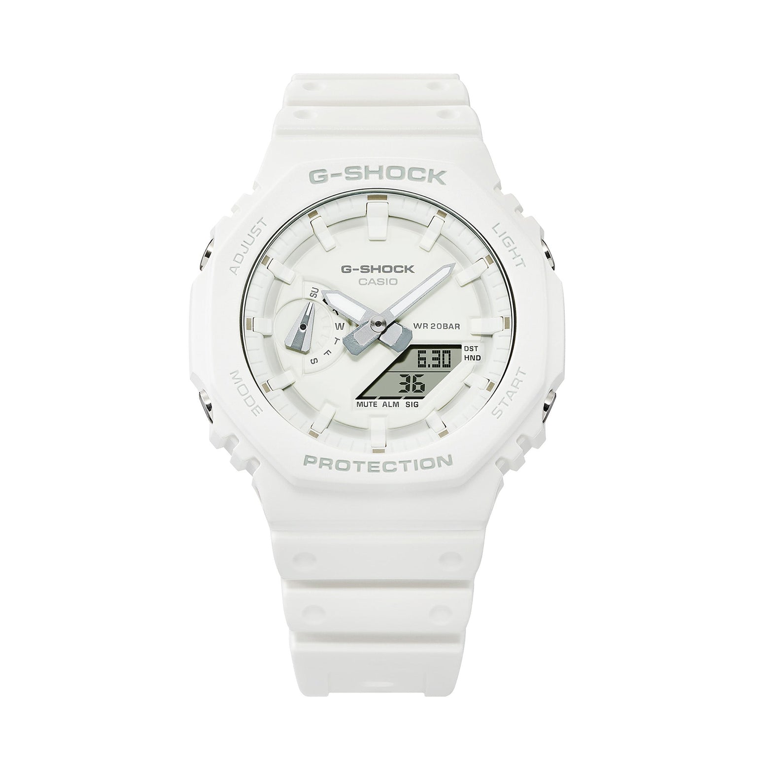 White G-Shock resin watch with analog and digital display, water resistance to 200 bar, and white band.