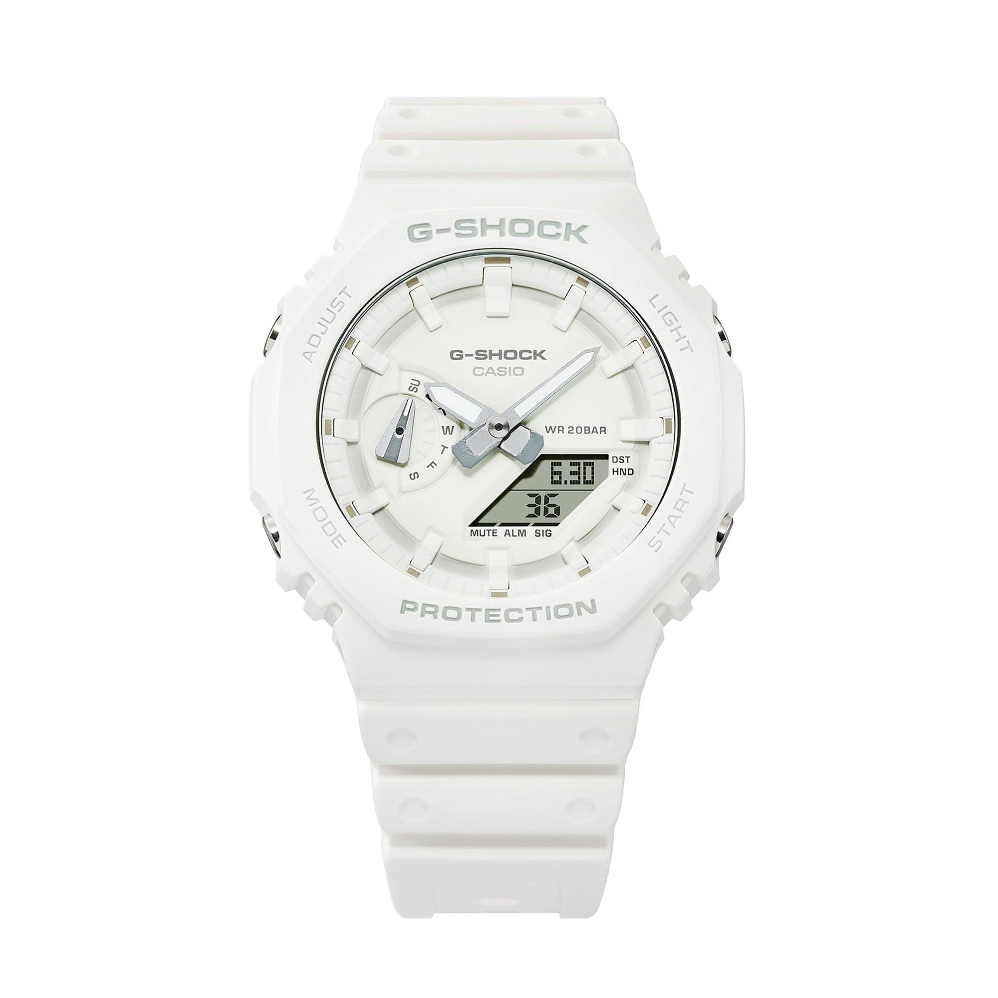 White G-Shock resin watch with analog and digital display, water resistance to 200 bar, and white band.