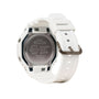White resin digital watch with black dial, square face, and white band with metal buckle, shown from back and side view.