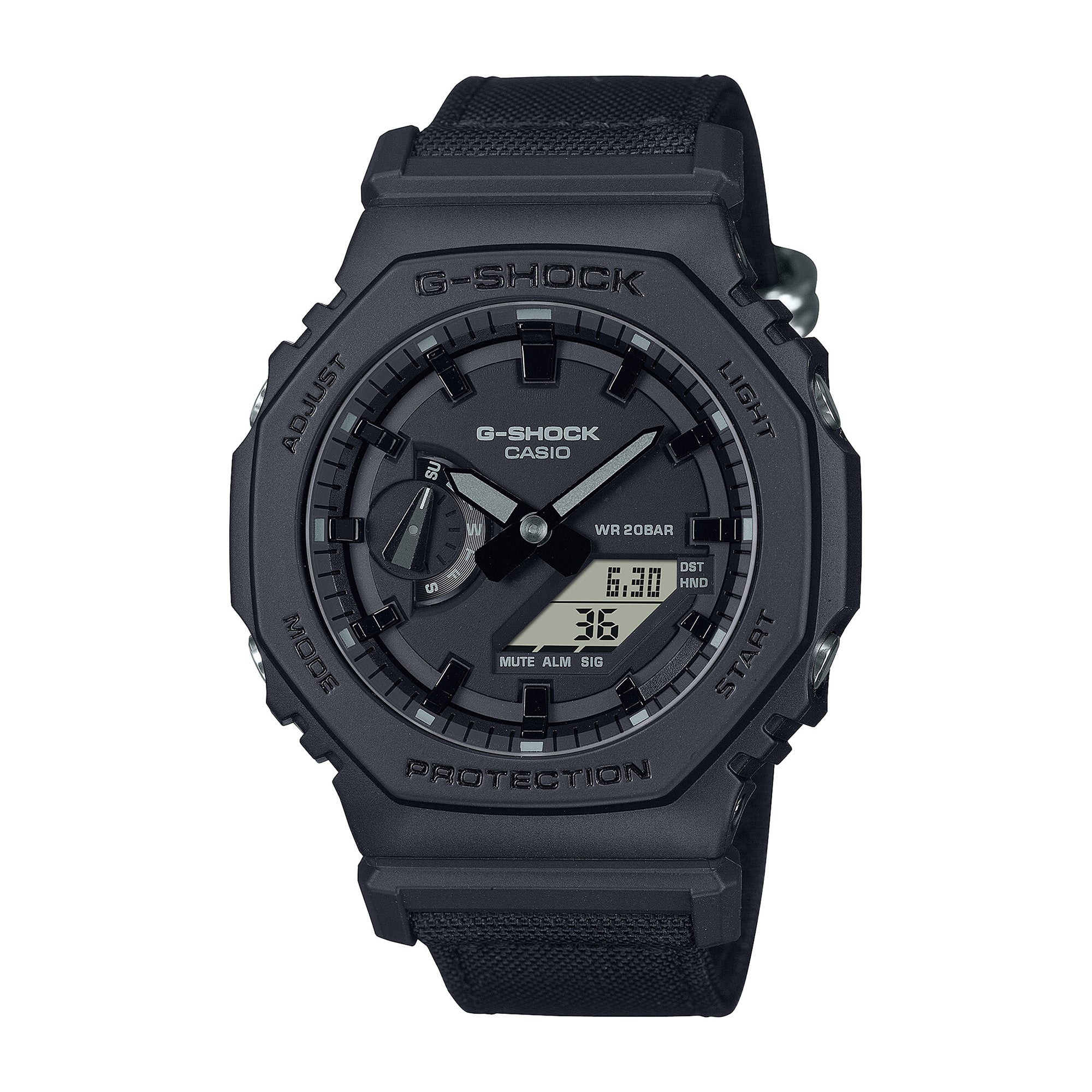 Black G-Shock digital and analog quartz watch with resin case, textured band, and dual time display.