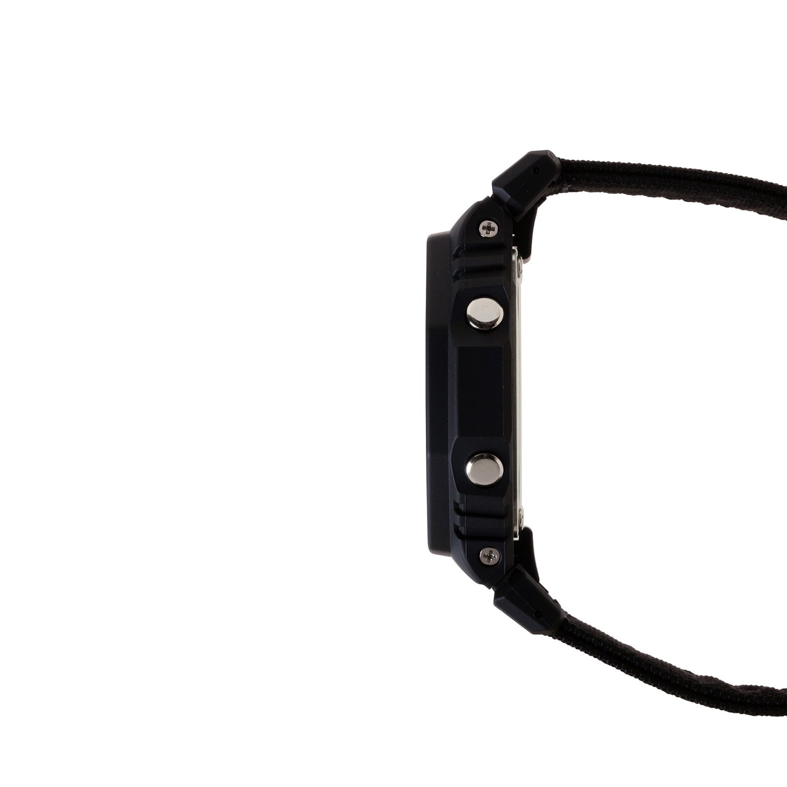 Black digital watch with resin case, metallic buttons, and textile strap shown from the side view.