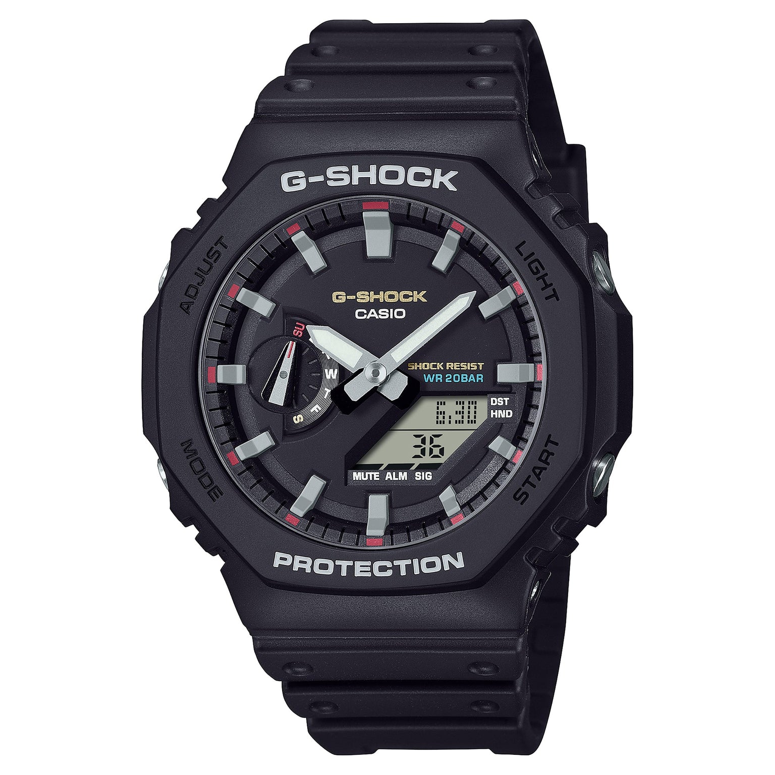 Black G-Shock digital and analog quartz watch with resin band, white hands, gray hour markers, and red accents on dial.