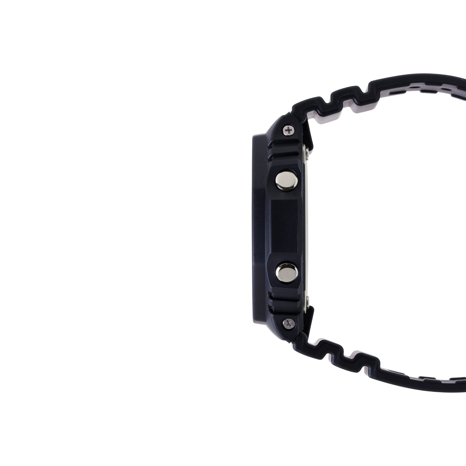 Black resin digital watch with square face, metal buttons, and textured band shown from the side.
