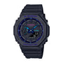 Black G-Shock resin watch with blue accents, digital and analog display, water resistant to 200 bar.