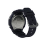 Black resin digital watch with square face, silver metal caseback, and black rubber band shown from back view.