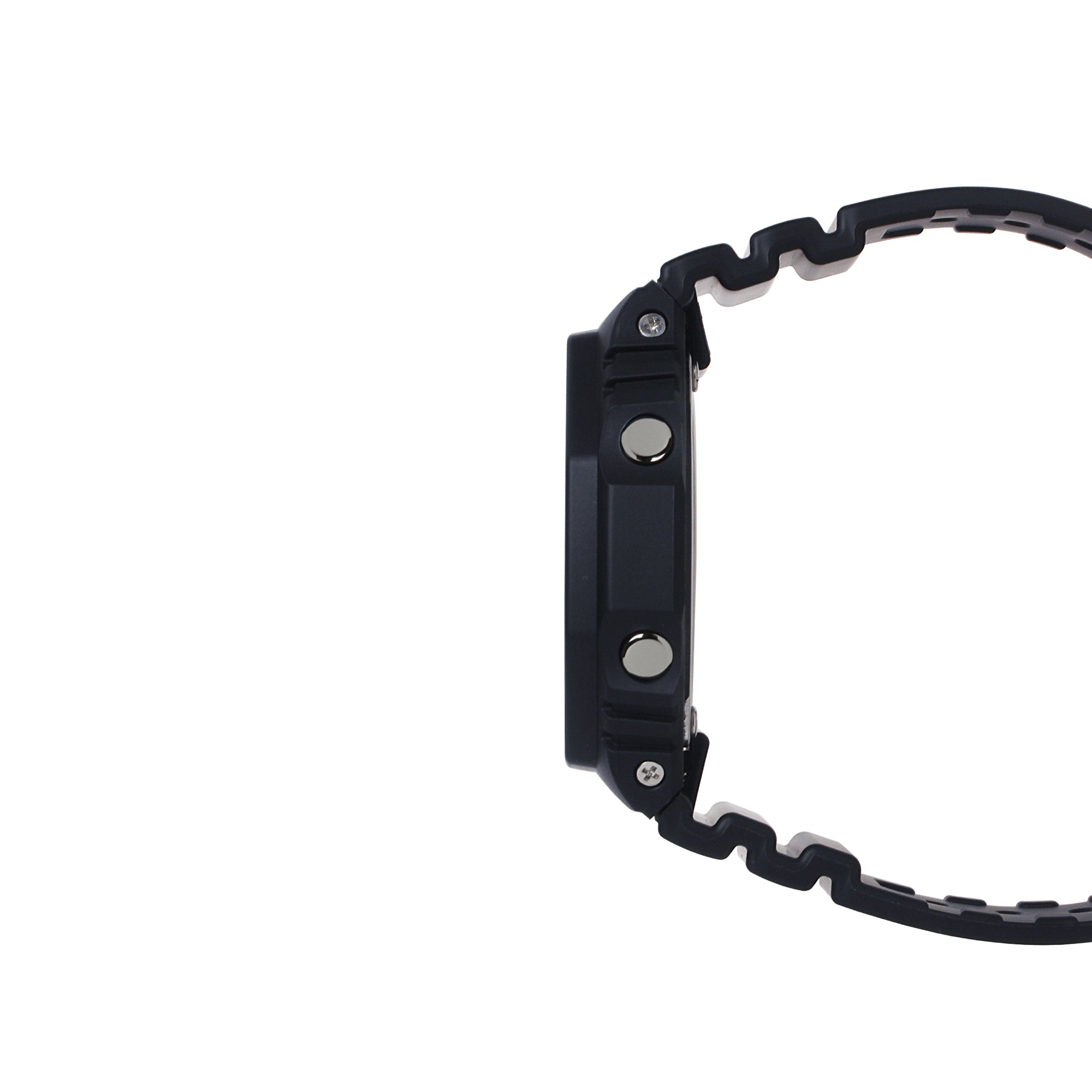 Black digital watch with square resin case and textured rubber strap, shown from the side.