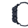 Black resin digital watch with textured button details and curved band shown from side profile.