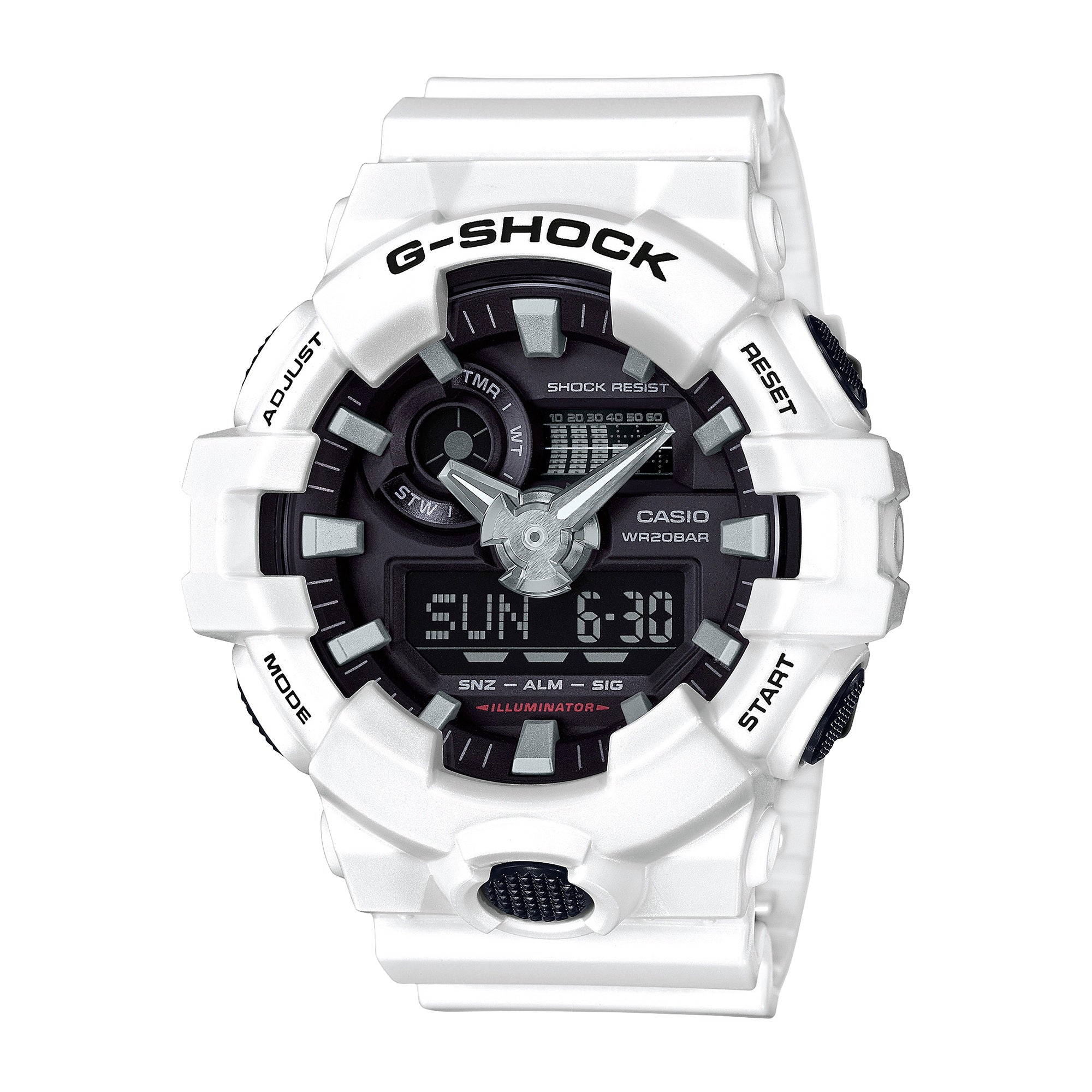 White G-Shock digital watch with black dial face, analog hands, LCD display, and rubber band strap.