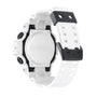 White digital watch with black accents, round dial face, and textured resin band with square cutout details.