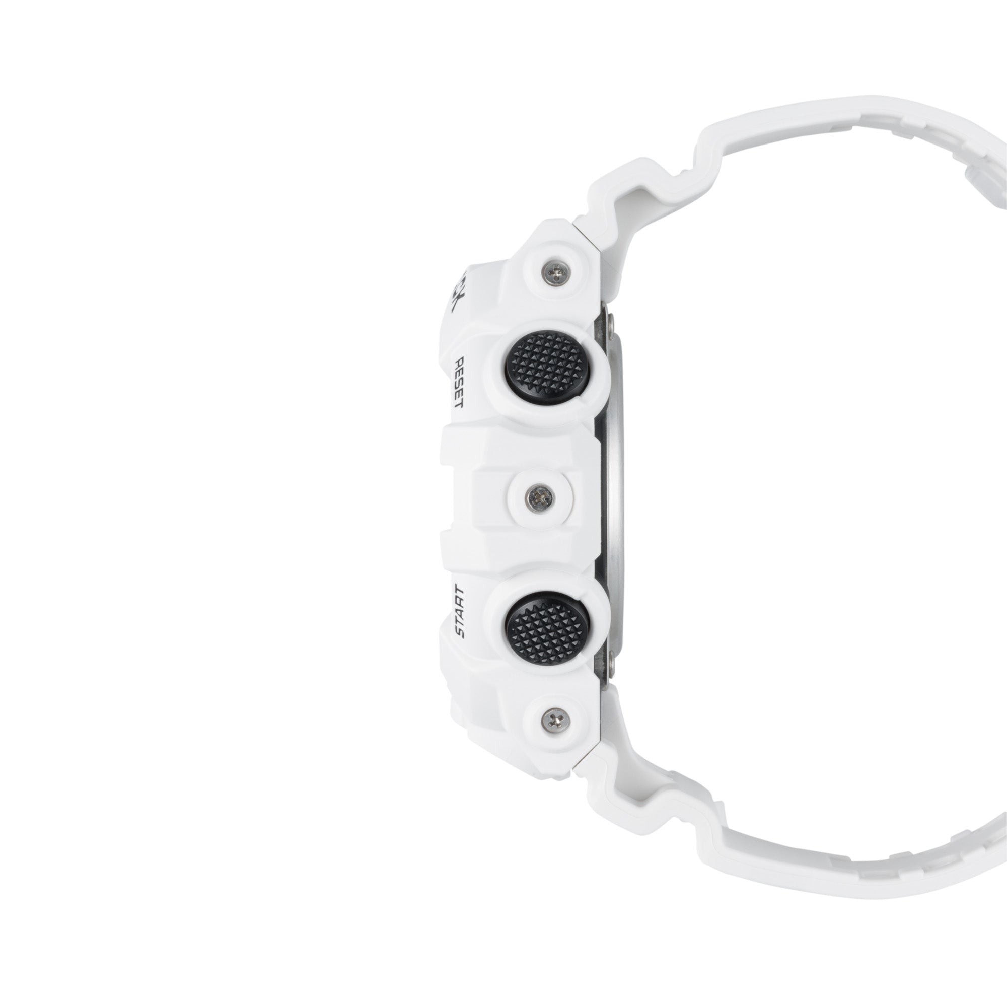 White resin digital watch with black textured buttons and white band shown from the side.