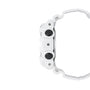 White resin digital watch with black textured buttons and white band shown from the side.