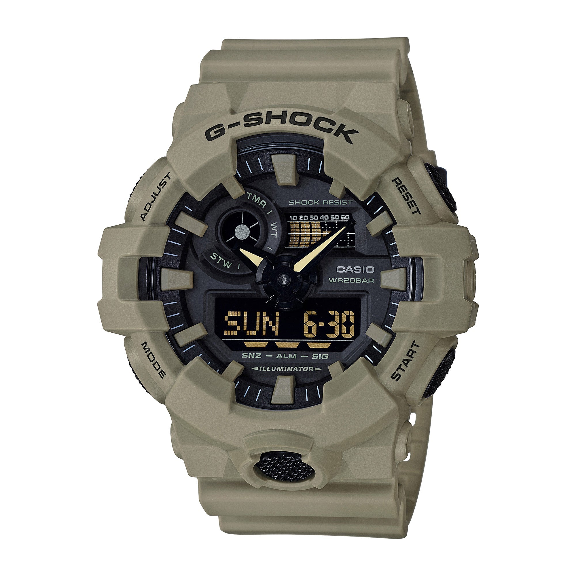 Gray resin G-Shock watch with black dial, analog hands, digital display showing time and date, and shock-resistant design.