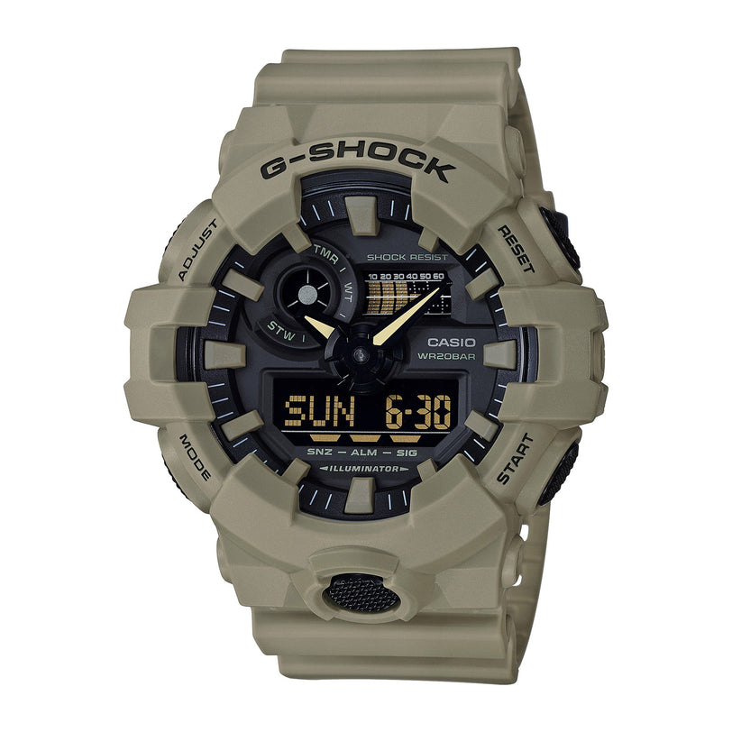 Gray resin G-Shock watch with black dial, analog hands, digital display showing time and date, and shock-resistant design.