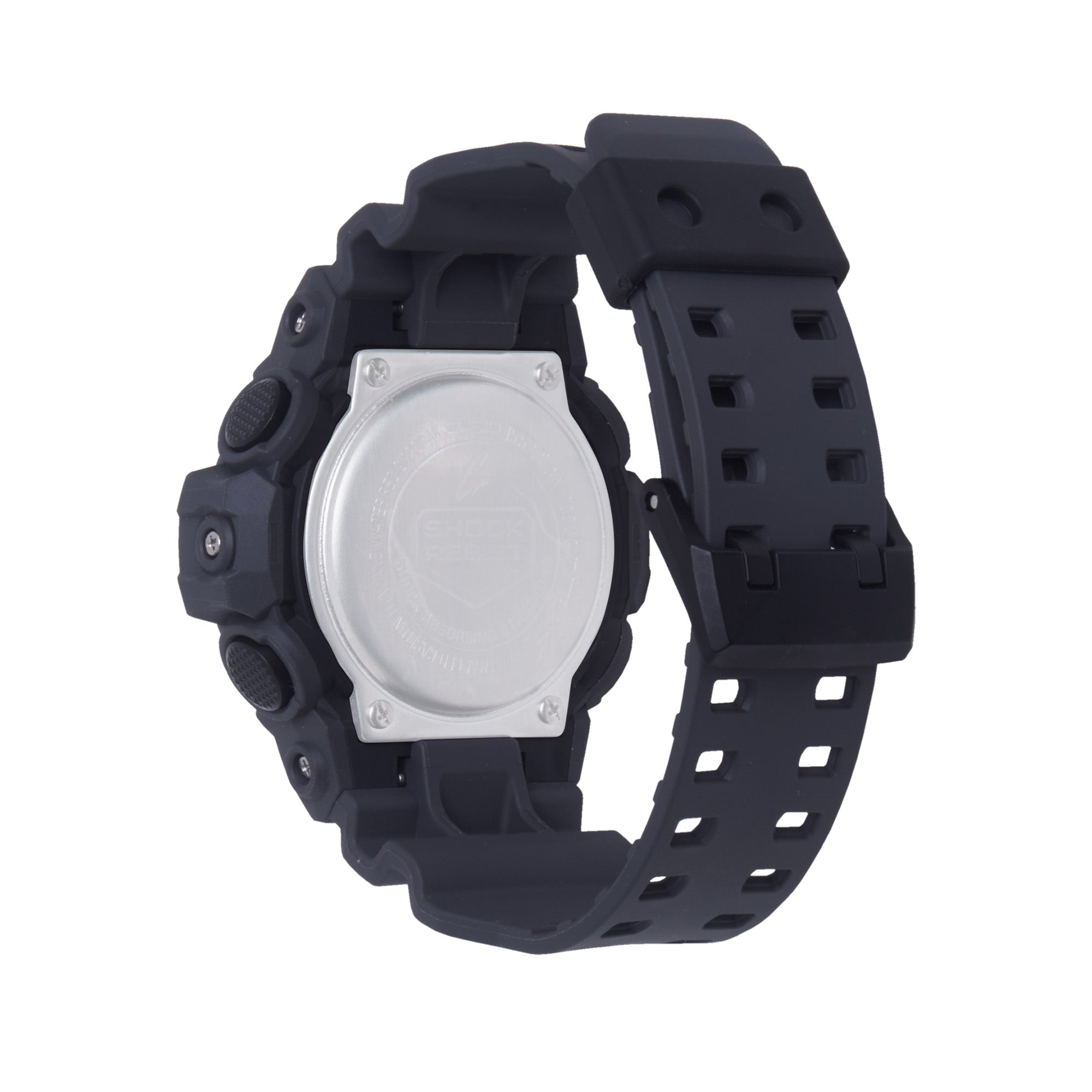Gray digital watch with black resin band and square face, displayed with band separated.