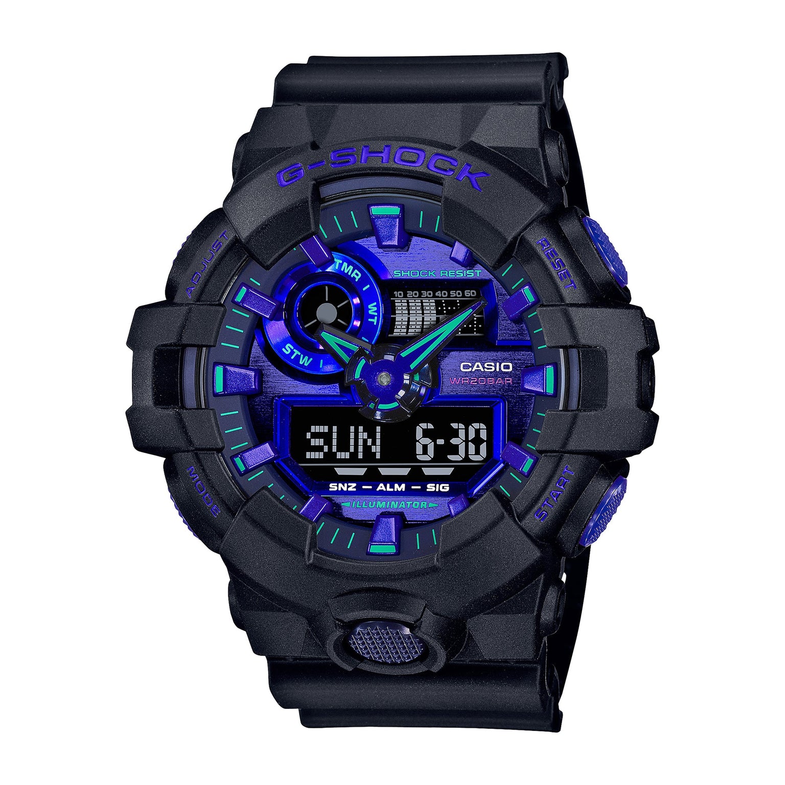 Black G-Shock digital watch with blue and purple illuminated dial, analog and digital displays, and black resin band.