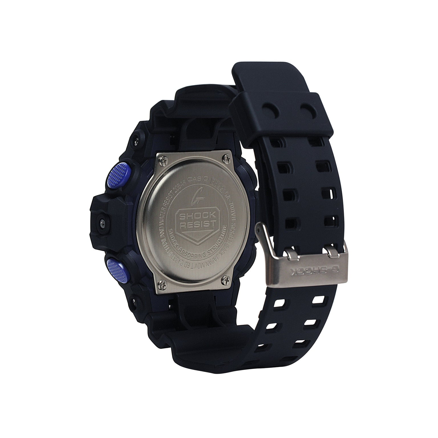 Black G-Shock watch with blue accents, metal case back, and black resin band with square button details.