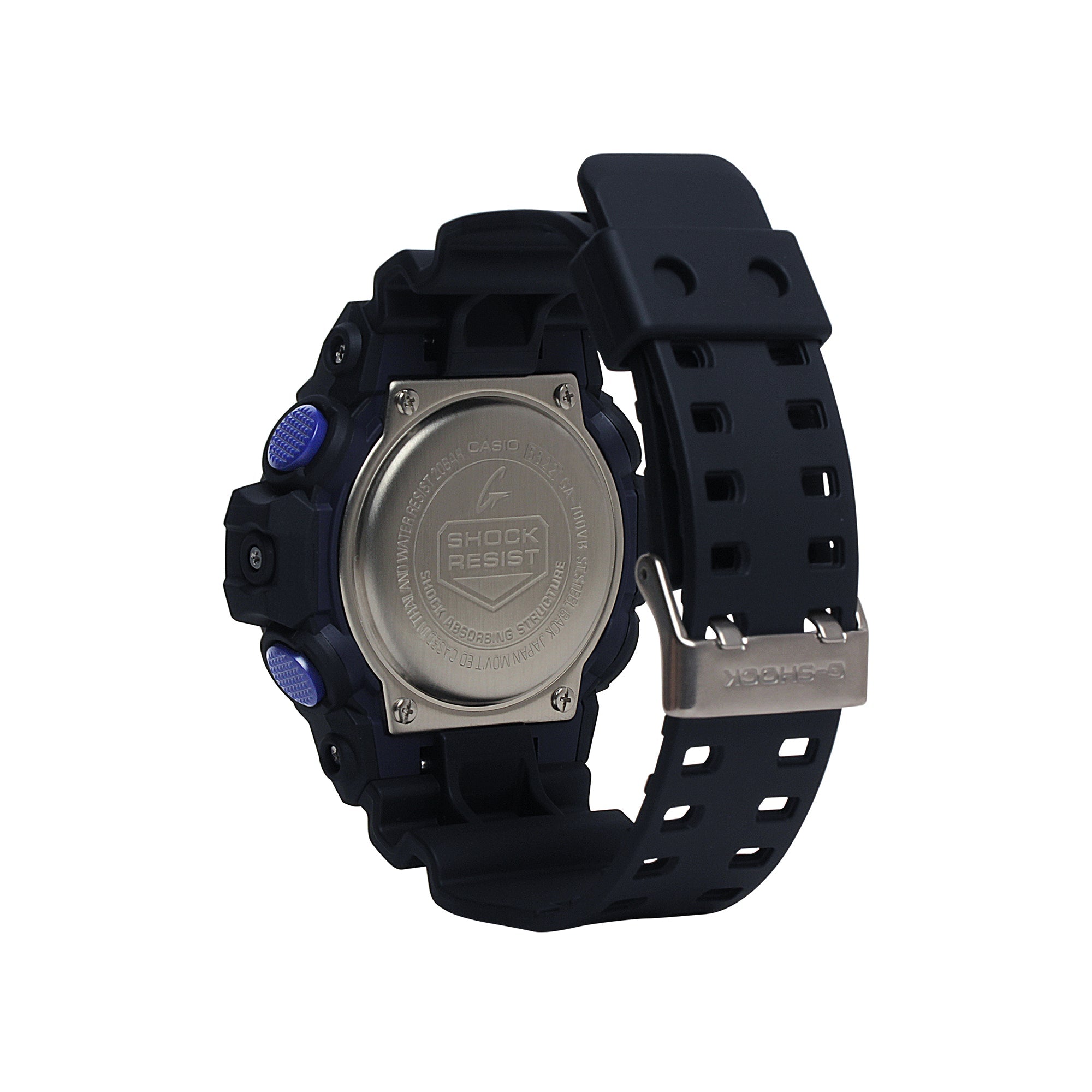 Black G-Shock watch with blue accents, metal case back, and black resin band with square button details.