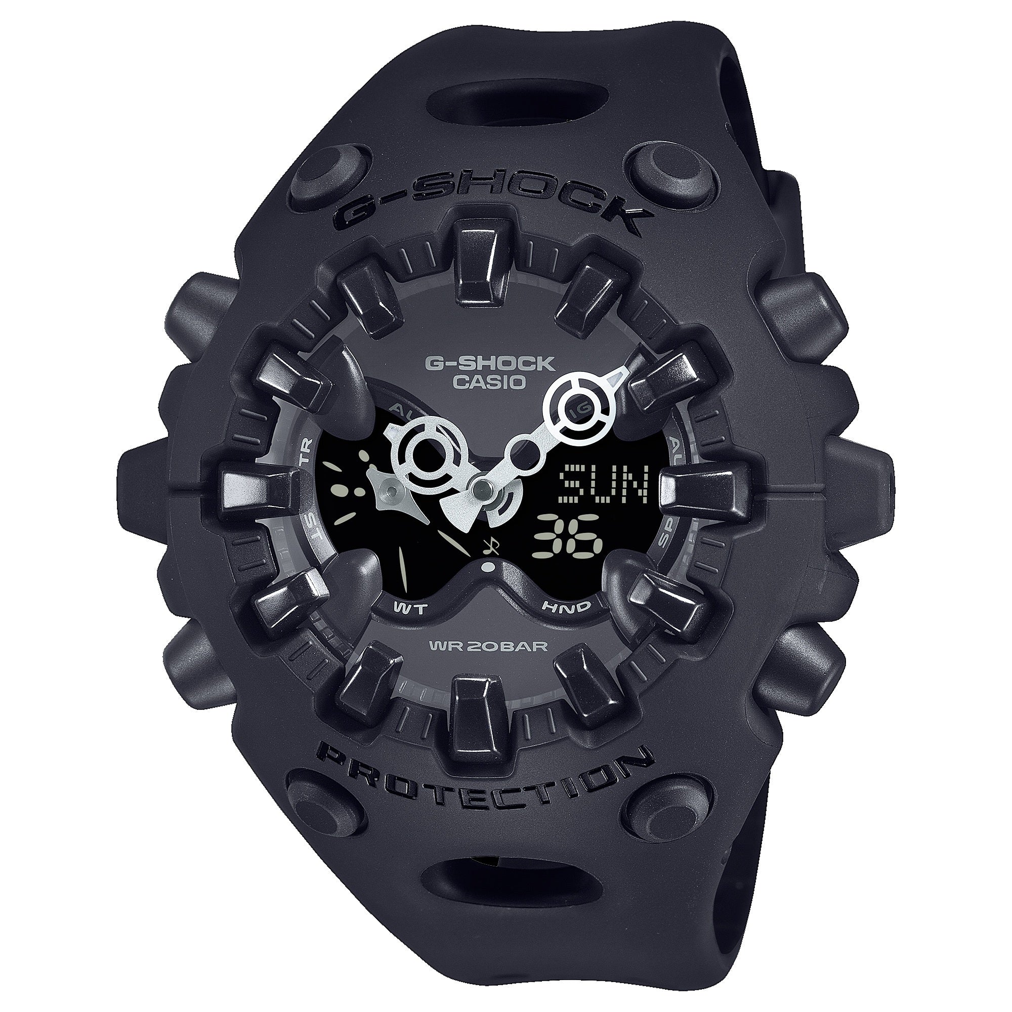 Black G-Shock Casio digital watch with analog hands, digital display, and textured resin band.