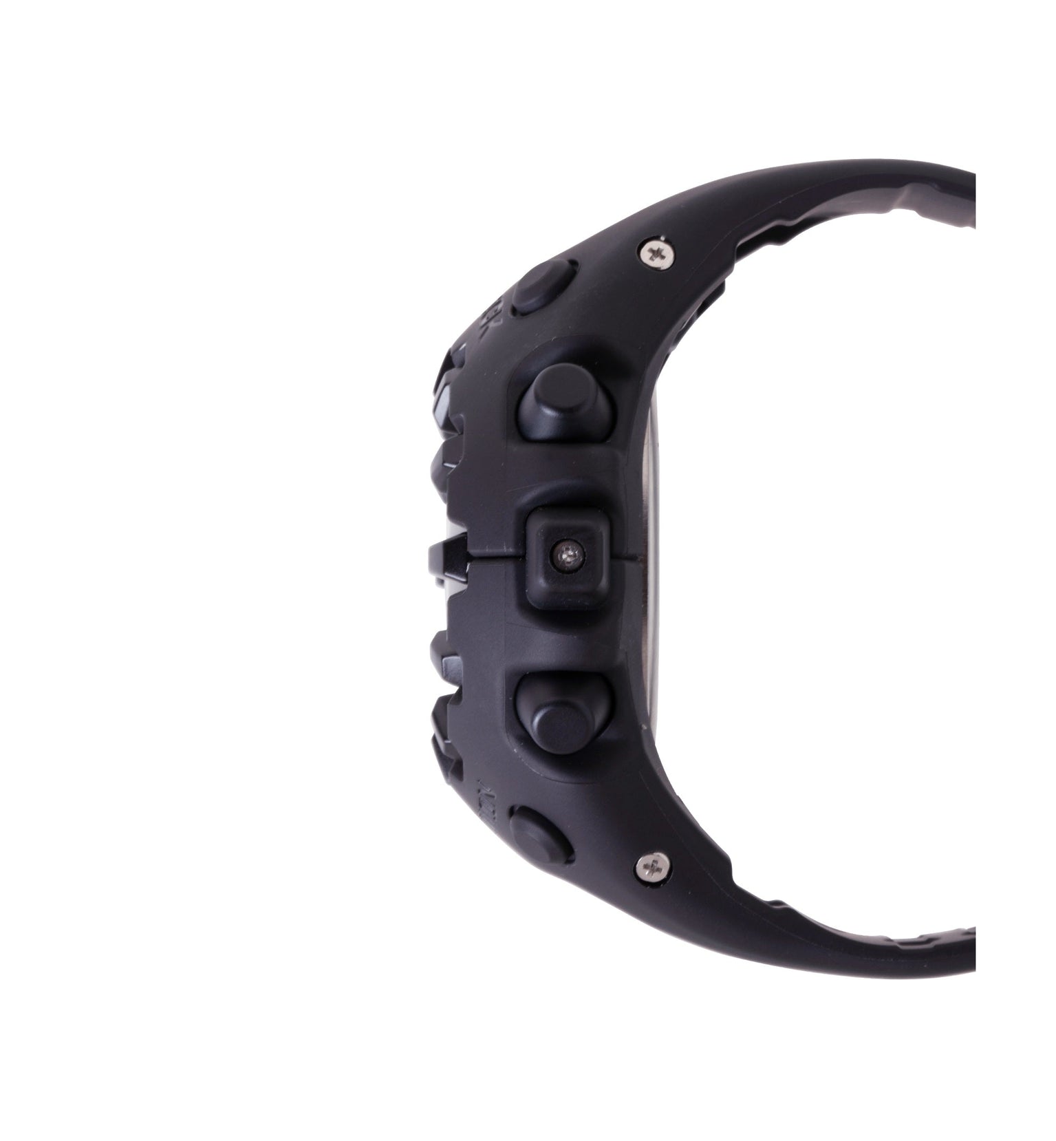 Black resin digital watch with multiple buttons and rounded rectangular case shown from side angle.