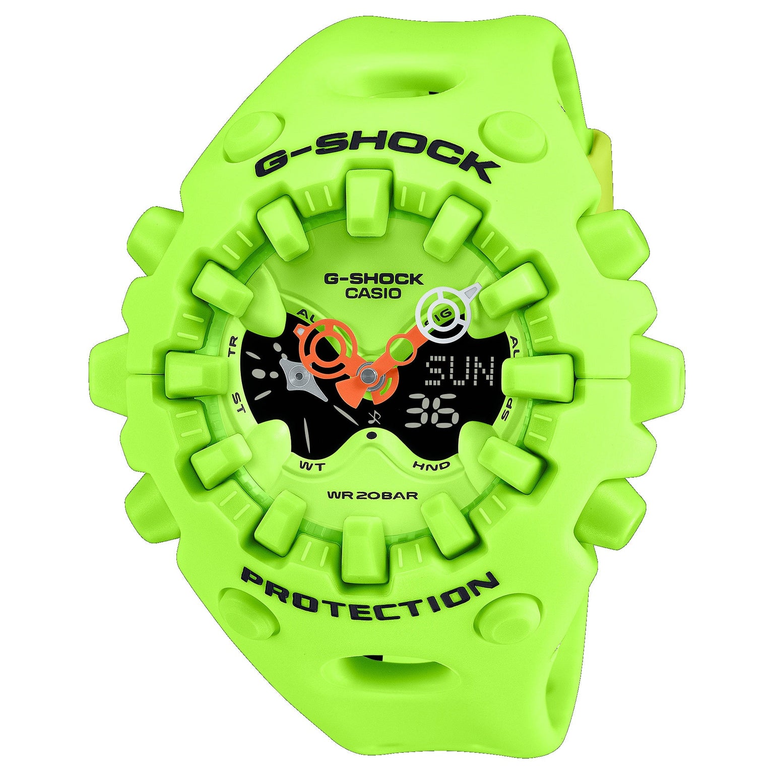 Bright green G-Shock Casio digital watch with black dial, orange hands, and textured resin band with protective bumpers.