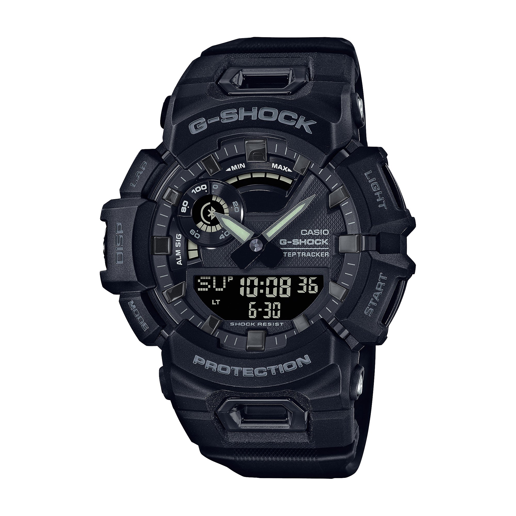 Black G-Shock digital and analog watch with resin band, dual display showing time and date, and multiple function buttons on 