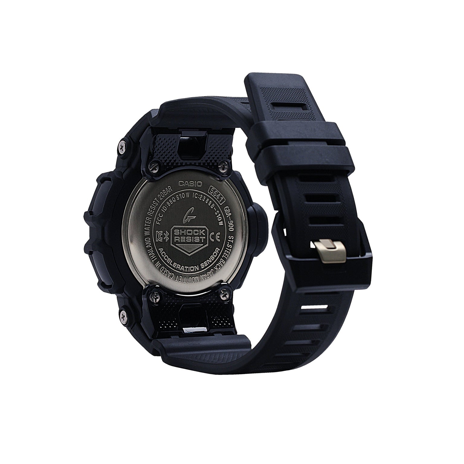 Black G-Shock digital watch with resin band and metal case back displaying shock resistant specifications.