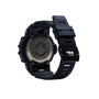Black G-Shock digital watch with resin band and metal case back displaying shock resistant specifications.