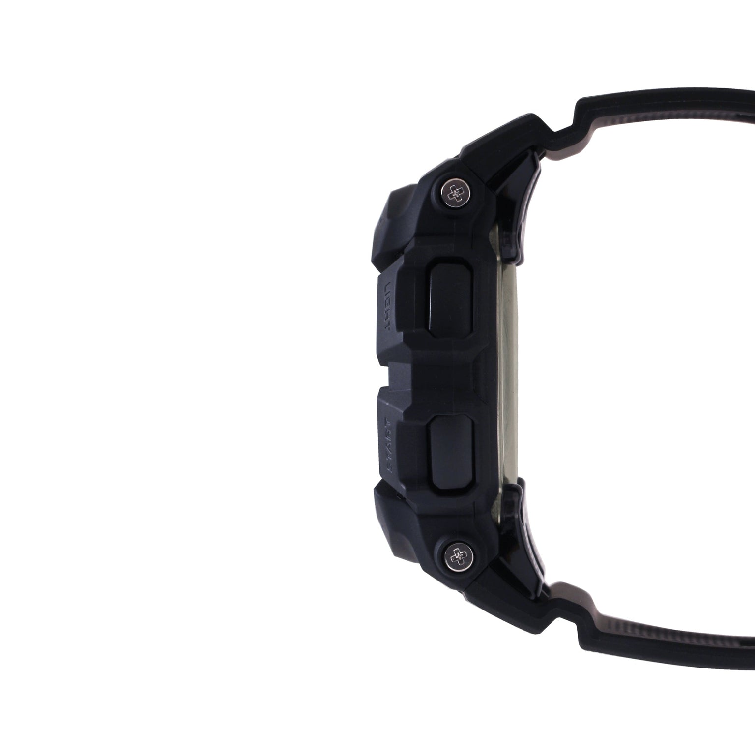 Black digital watch with rectangular face, resin band, and dual rectangular buttons on side view.