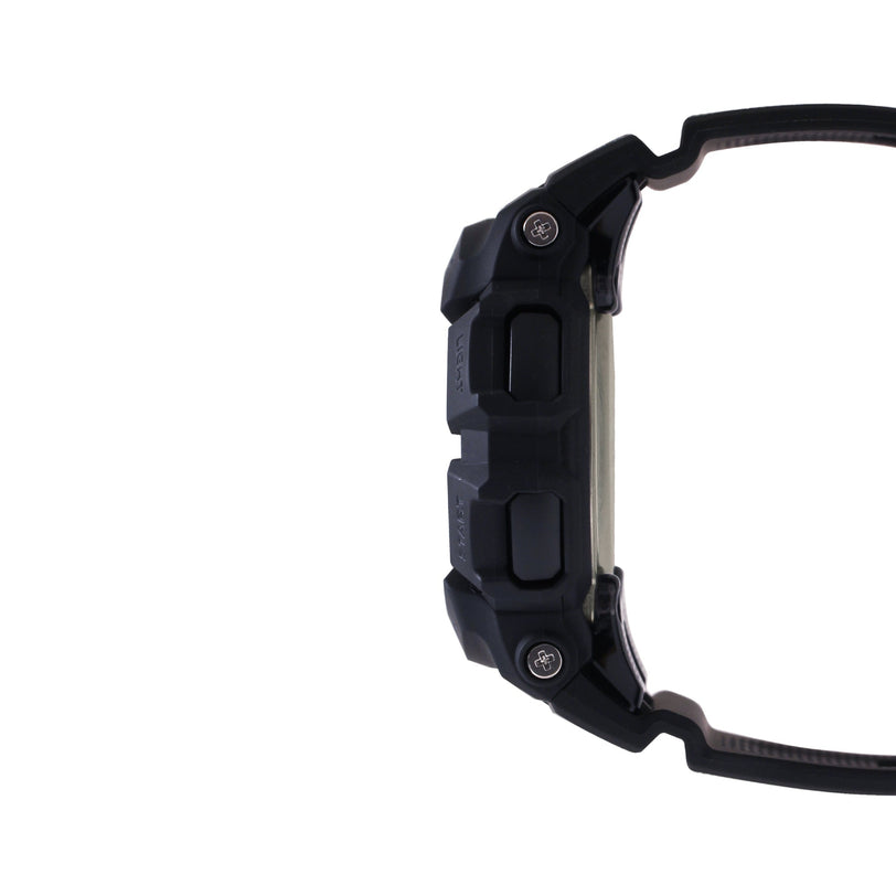Black digital watch with rectangular face, resin band, and dual rectangular buttons on side view.