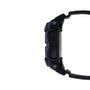 Black digital watch with rectangular face, resin band, and dual rectangular buttons on side view.