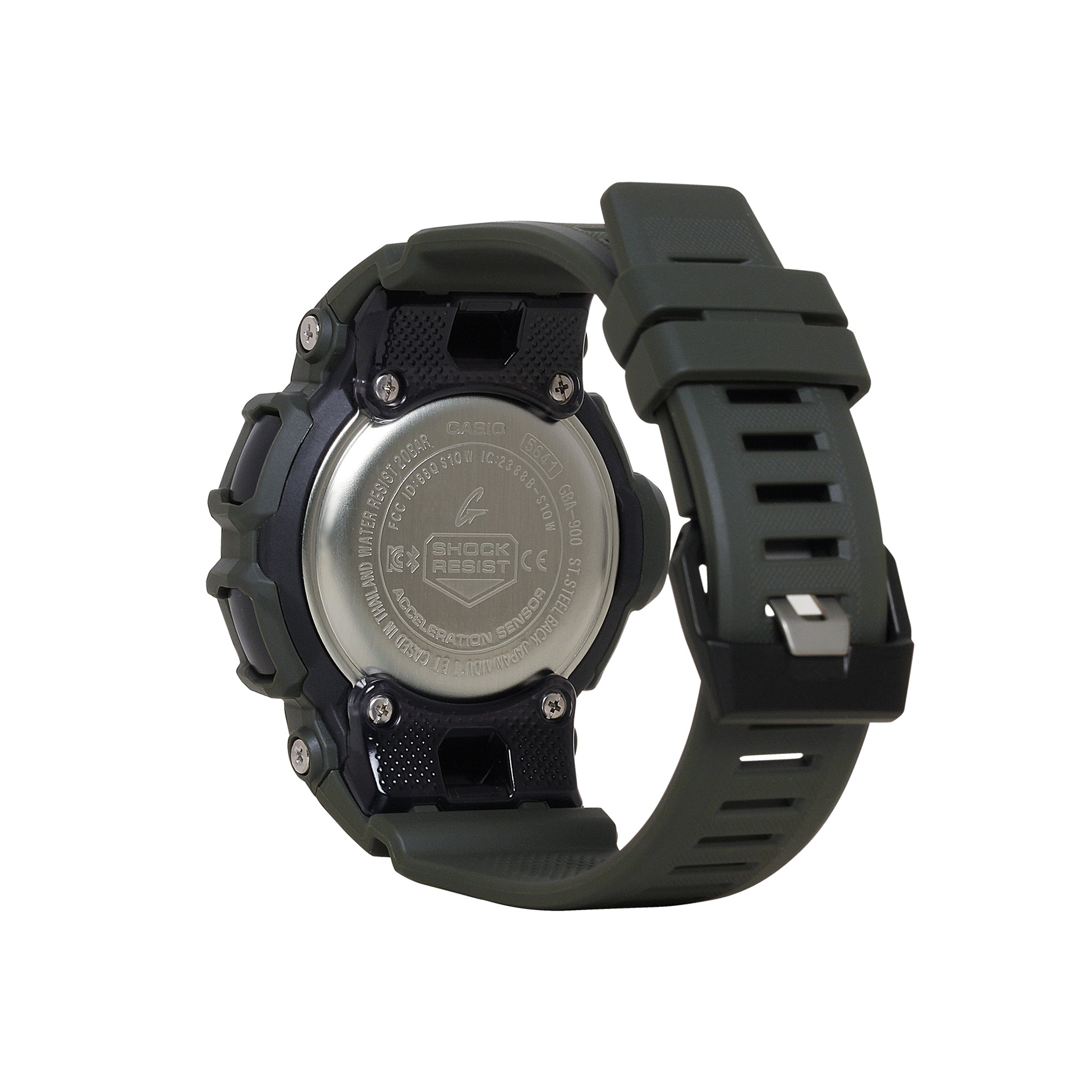 Dark green resin digital watch with rectangular face, black band with ridged texture, and metallic caseback shown from side a