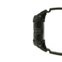Digital watch with dark green resin case, rectangular display, and black band shown from side view.
