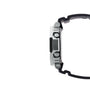 Digital watch with silver stainless steel and black resin case shown from the side profile.