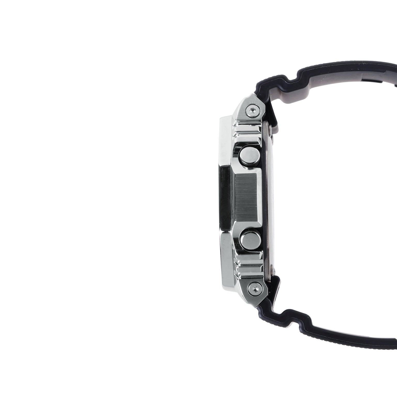 Digital watch with stainless steel and black resin case, shown from side profile with black band.