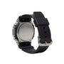Digital watch with stainless steel case, black resin band, and silver-toned back plate showing solar technology markings.