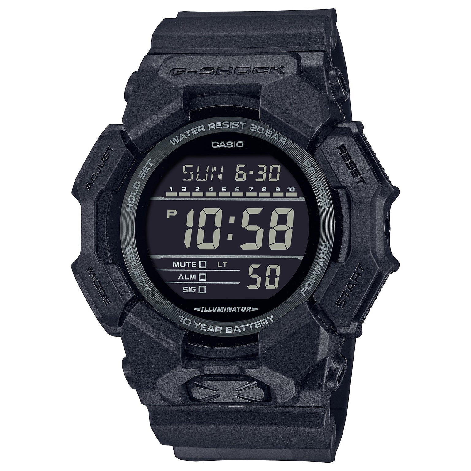 Black Casio G-Shock digital watch with rectangular display, water resist 200 bar rating, and illuminator feature.